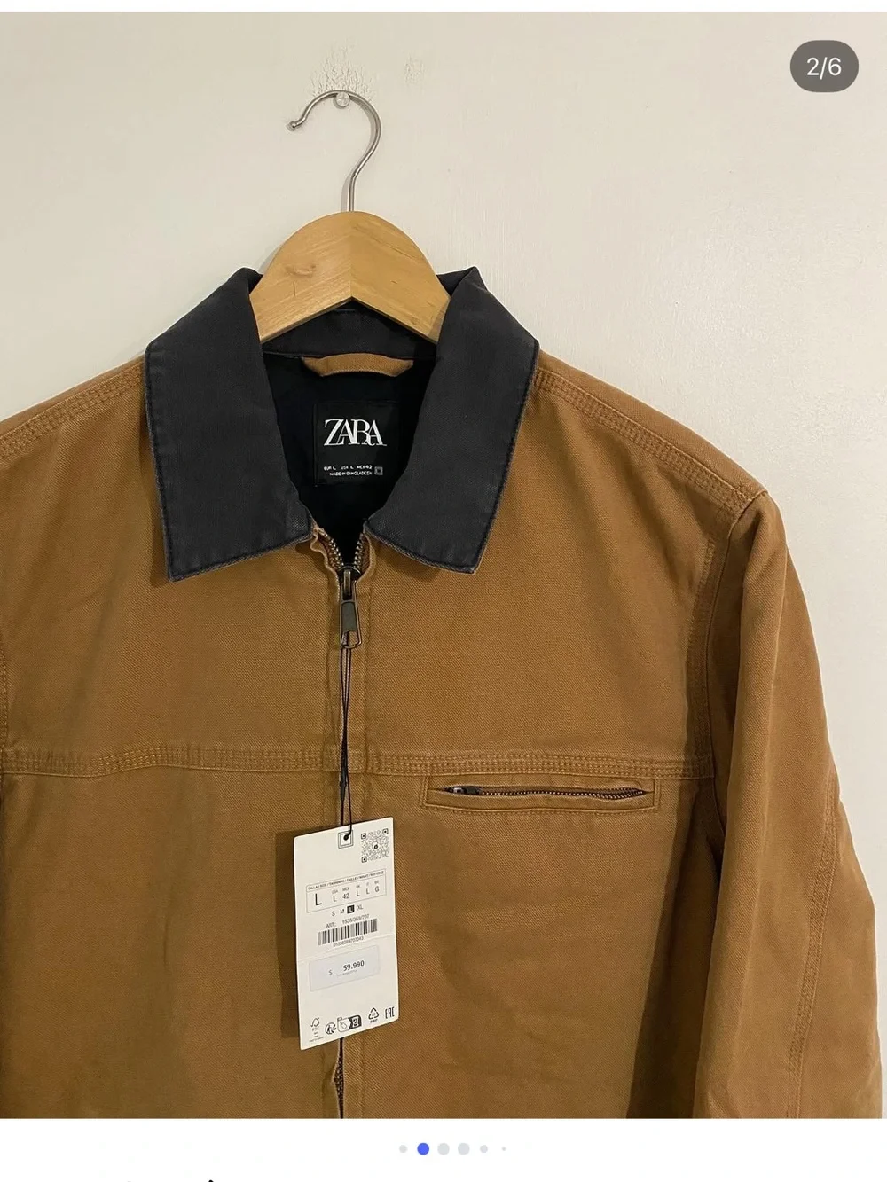 ZARA Tan Brown Cotton Field Jacket with Black Collar
